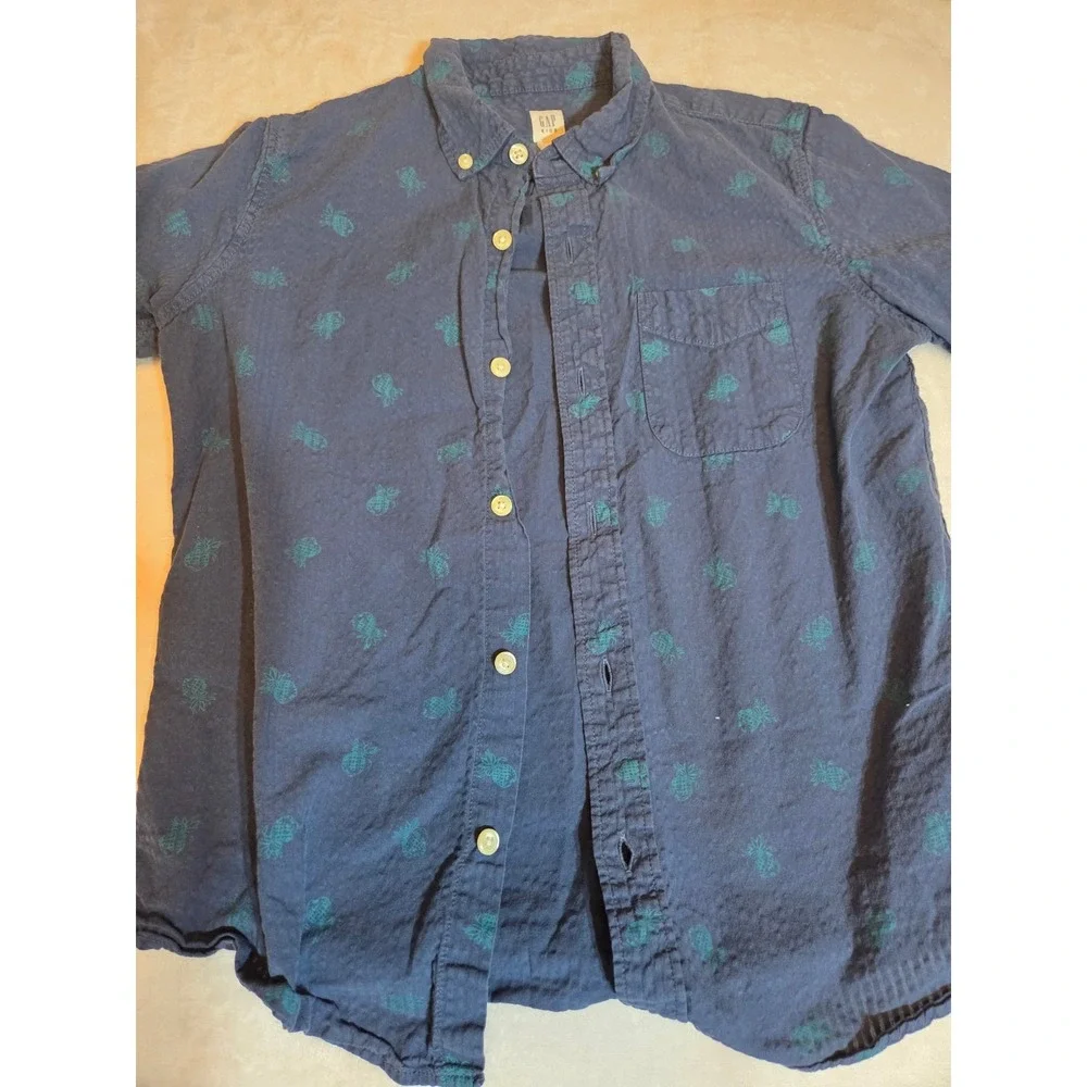 280 | GAP Kids Boys L 10 Navy Blue Pineapple Print Short Sleeve Button Down...